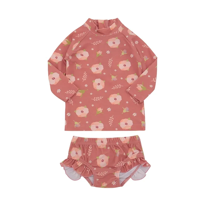 New Style 2pcs Girls Custom Swimwear Long Sleeve Floral Ruffle Bikini Bathing Suit With Geometric Print Quick Dry for Kids
