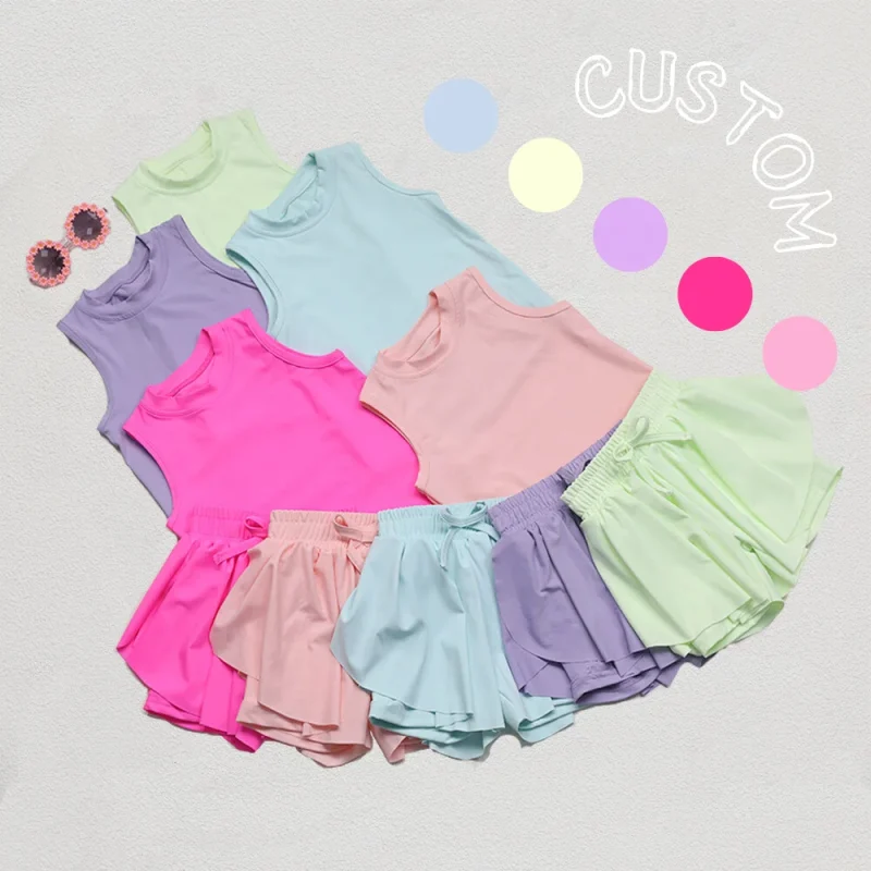 KERUI Little Girls 77% Nylon  23% Spandex Two-piece Set Wholesale Kids Soft Yoga Shorts Clothes Girls Fashion  Activewear