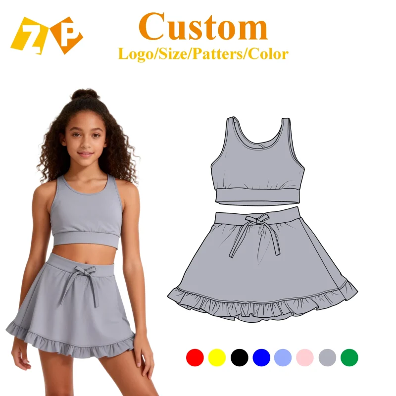 Best Sale Grey  Kids Yoga Outfit New Style Factory Customization Sleeveless Crop Tank Skirt Set