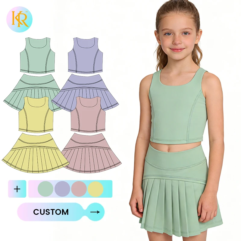 Kerui Customized Girls Sports OEM Kids Athletic Wear Solid Color Tween Girl Active Wear Sport Set Kids Yoga Clothing Set