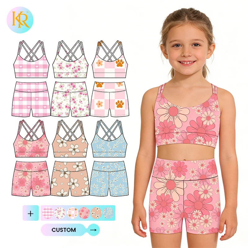 Kerui Girls Sports Customized Kids Athletic Wear Girls Yoga Clothes Sets 2-Pieces Gym Outfits Kids Sport Yoga Wear Suit