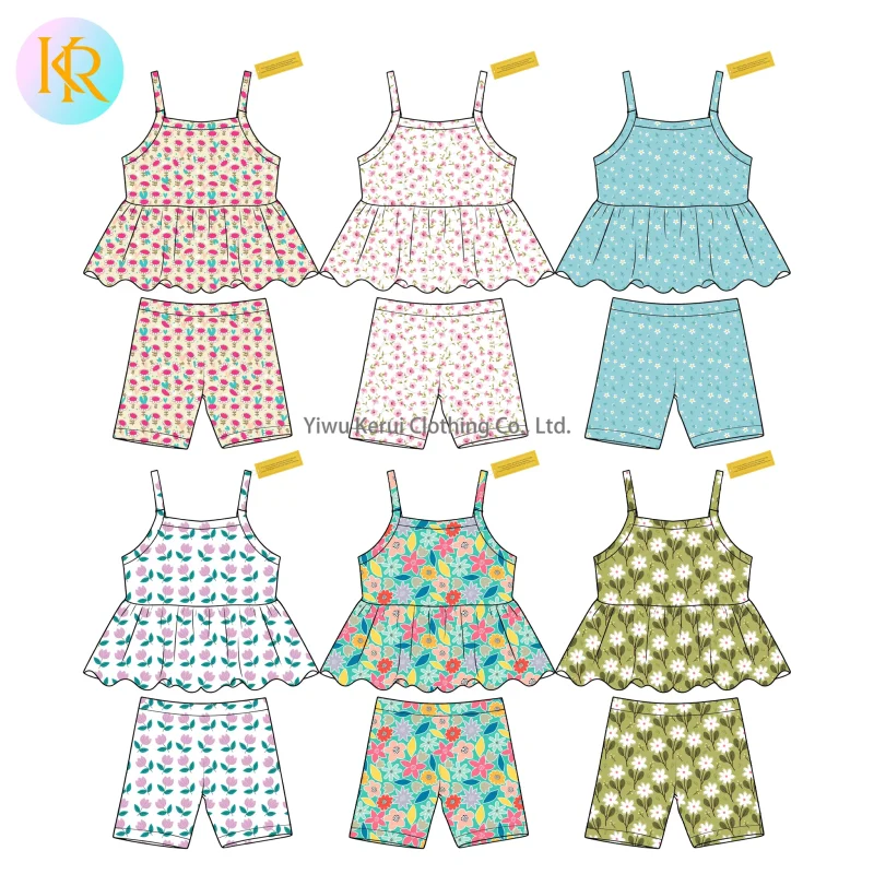 Kerui Custom Logo Summer Kids Outfit Sleeveless Floral Print Yoga Tops and Pants Casual Baby Girls Clothing Activewear Sets