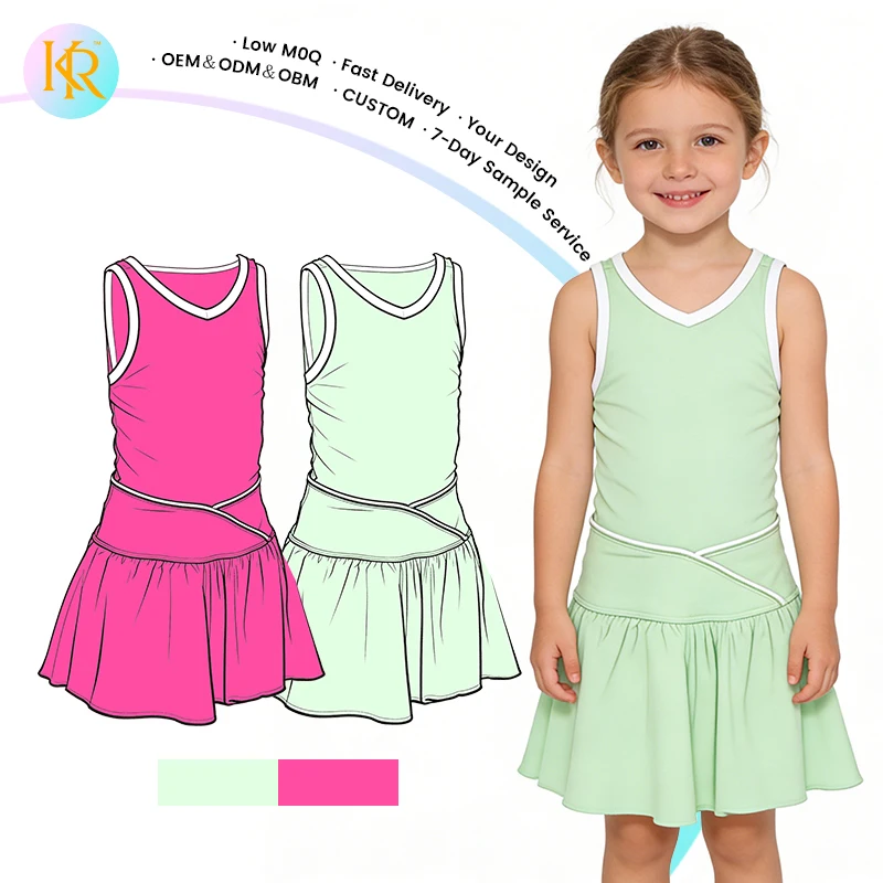 Kerui Girls Athletic Wear Custom Logo Tennis Sports Wearutdoor Running Fitness Solid Yoga Dress Tennis Dress for Kids Girls