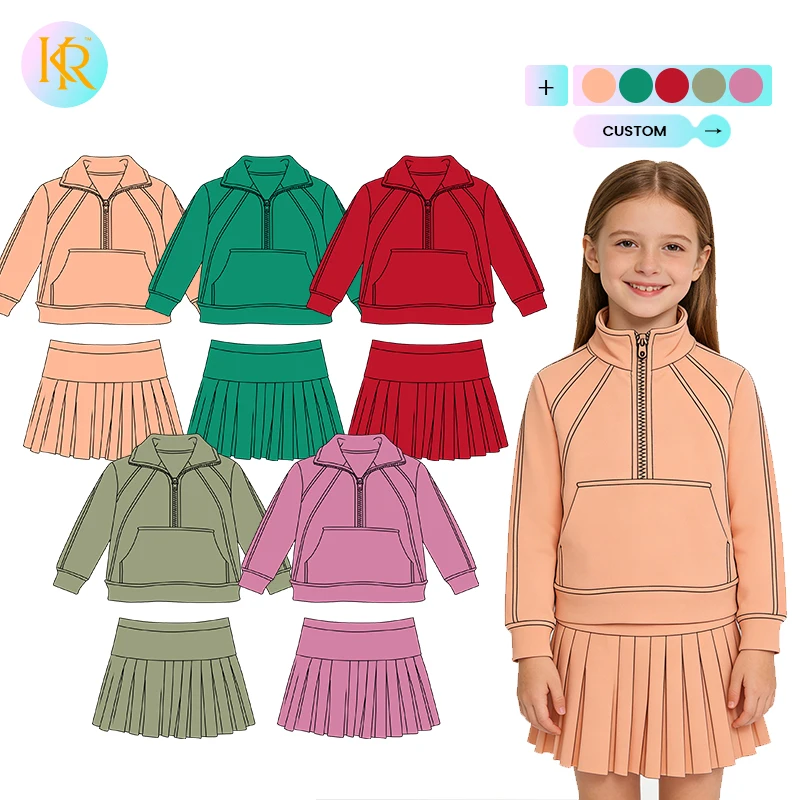 Kerui Girls Active Wear Kids Yoga Set New Design Spring Long Sleeve 1/2 Zip Pullover With Pockets Skirt Built in Shorts Sets