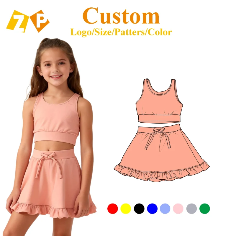 Zhengpai Kids Clothing Yoga Outfit Wear Pink Tennis Dress Set Activewear Sports Wear Girls Sleeveless Clothes Set