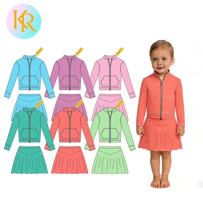 Kerui Girls Athletic Wear Custom Logo Solid Color Two Piece Pleated Skirt Set Zipper Top and Skirt Sports Jogger Suits