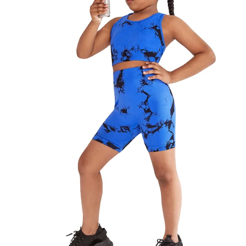 Wholesale Little Girls Yoga Clothing Tie Dye High Waist Short Leggings and Bra Set for Workout Sports