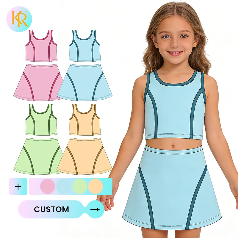 Kerui Girls Athletic Wear Custom 2026 Summer Girls Sports Apparel Solid Color Sleeveless Cheerleading Yoga Wear 2-Piece Set
