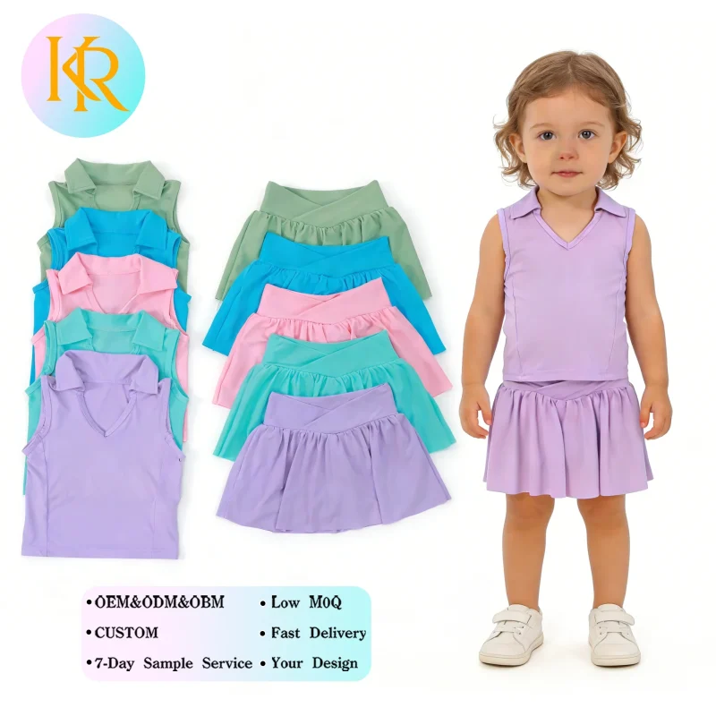 Kerui Girls Active Wear Kids Yoga Set Solid Collared Sleeveless Top Cross Waist Pleated Skirt Built in Shorts Custom Yoga Set