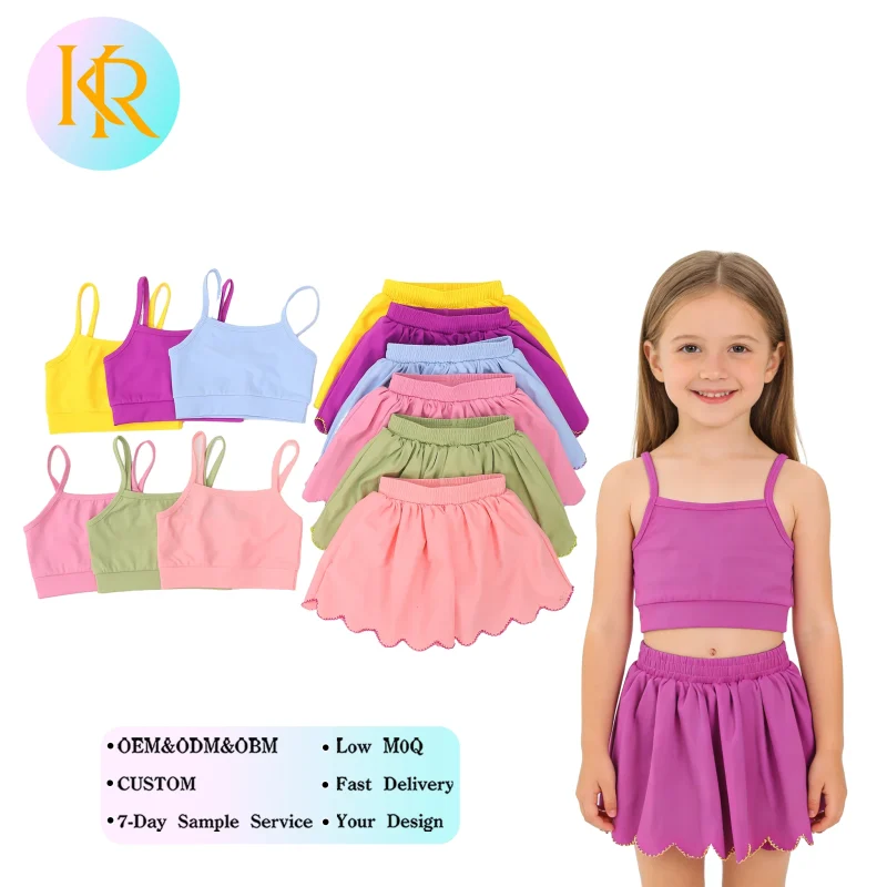 Kerui New Arrival Girls Yoga Sleeveless Crop Tank Skirt with Shorts Set High Elastic Color Matching  Scallop Skirt Fitted Set