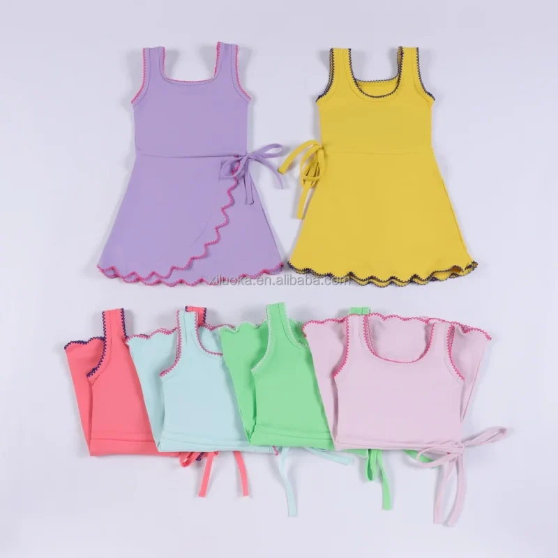 Girls Sweet Hot New Yoga Dress Sleeveless Embroidery Hem High Elasticity Built-in Shorts Custom Pattern