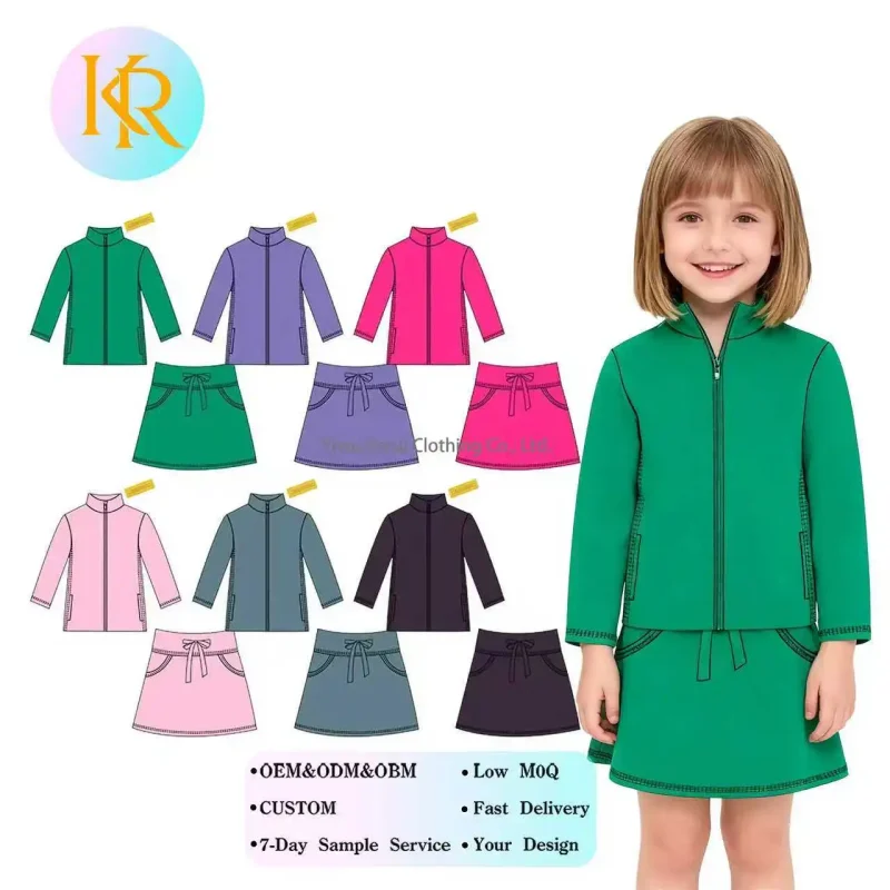Kerui Solid Pattern Zipper Gym Set for Kids Little Girls Casual Fitness Apparels with OEM Prints Kids Yoga Jacket