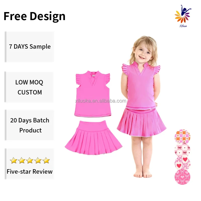 Girls Sportswear Set Sleeveless Top with Pleated Details and Skirt with Wave Stitch Hem Built in Shorts