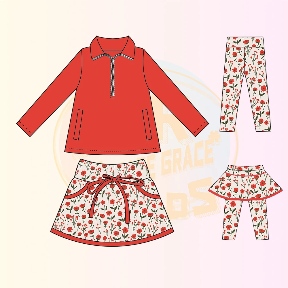 KERUI High Quality Kids' Outdoor Clothing Fashionable Fabric Sportswear Track Suit Pink Top Printed Skirt Set With Zipper - Image 4