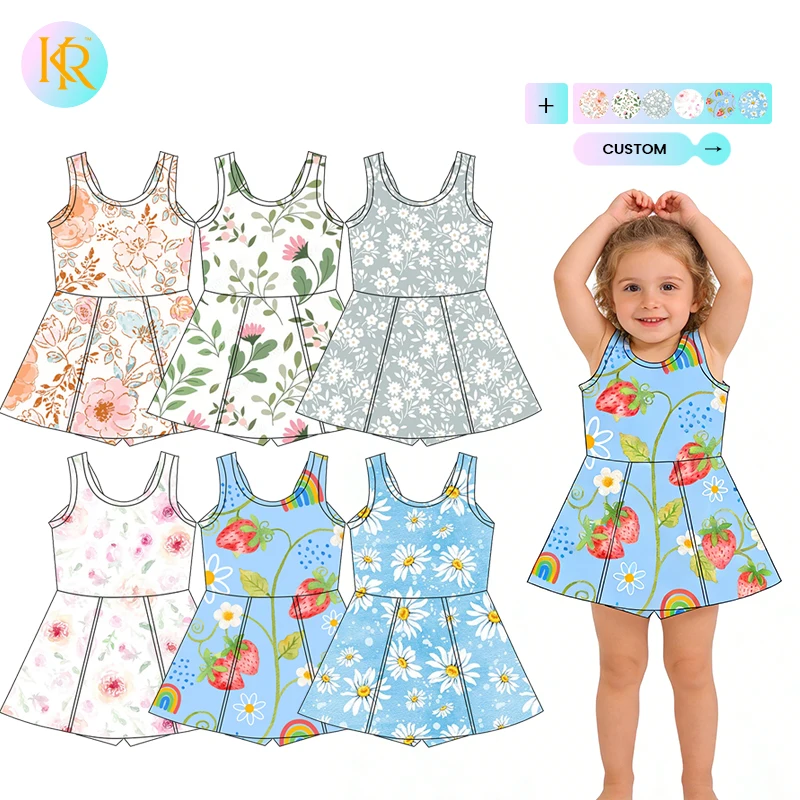 Kerui Girls Athletic Wear Custom Printed Summer Sleeveless Yoga Dress for Girls Kids Dress Knee Length Back Twisted Sports Dress