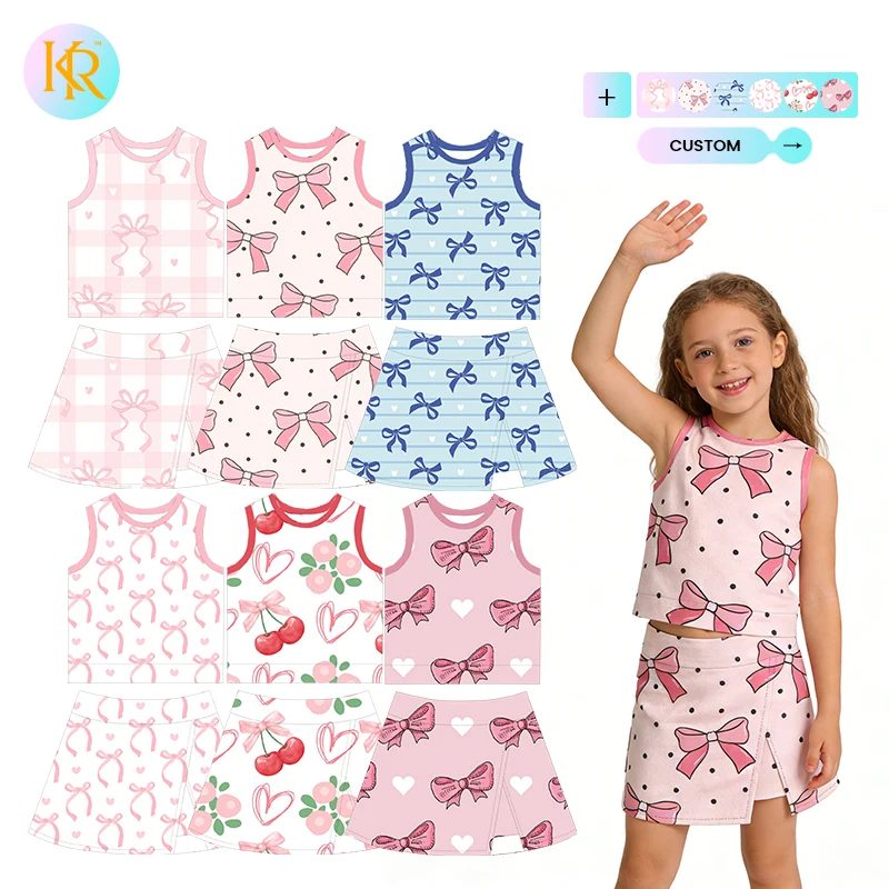 Kerui Bow Print Active Wear Kids Casual Sportswear Yoga Suit Customized Sports Kids Elastic Waist Anti-Bacterial Clothing Sets