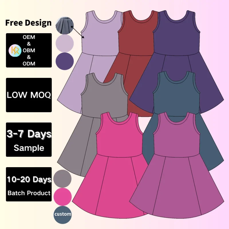 Kerui Custom Color Summer Fitness Yoga Dress for Active Toddler Girls Kids Tennis Sports Skirt Solid Pattern Sleeveless