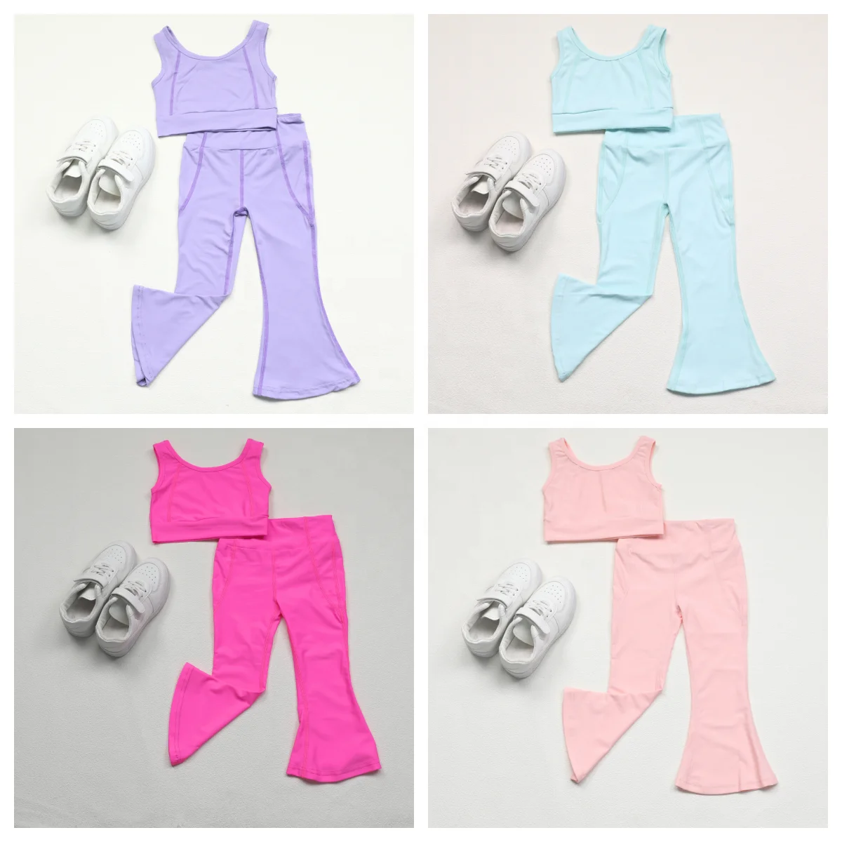 KERUI Girls Tennis Sets Kids Breathable Girls 2pcs Seamless High Stretch Thumb Yoga Set Athletic Bell Bottoms + Crop Top Set - Image 2