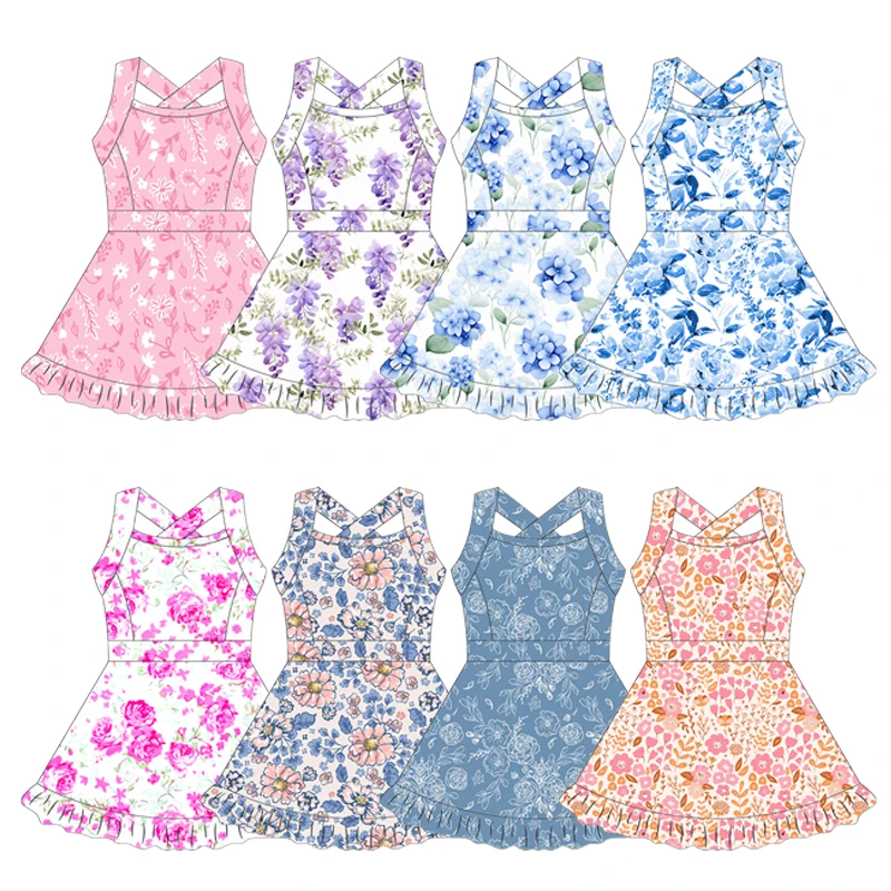 Wholesale Kerui Girls' Kids Yoga Sports Set Breathable Quick-Dry Nylon Spandex Fitness Skirt Workout Dress All Season Baby Blue