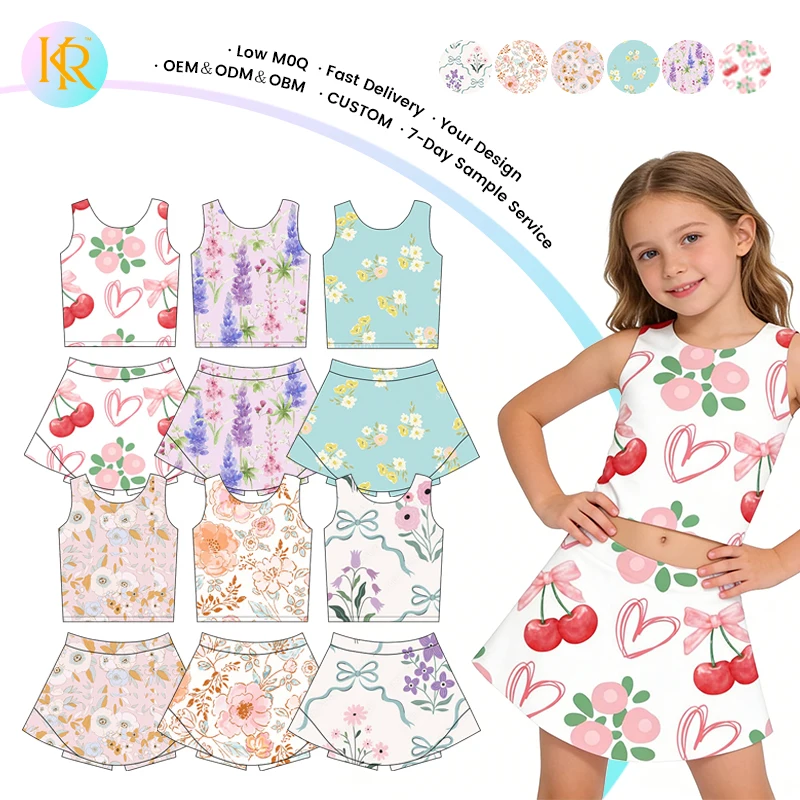 Kerui Custom Girls Athletic Wear Summer Kids Yoga Breathable Flexible Active Casual Baby Girls' Yoga Set 2 in 1 Skirts