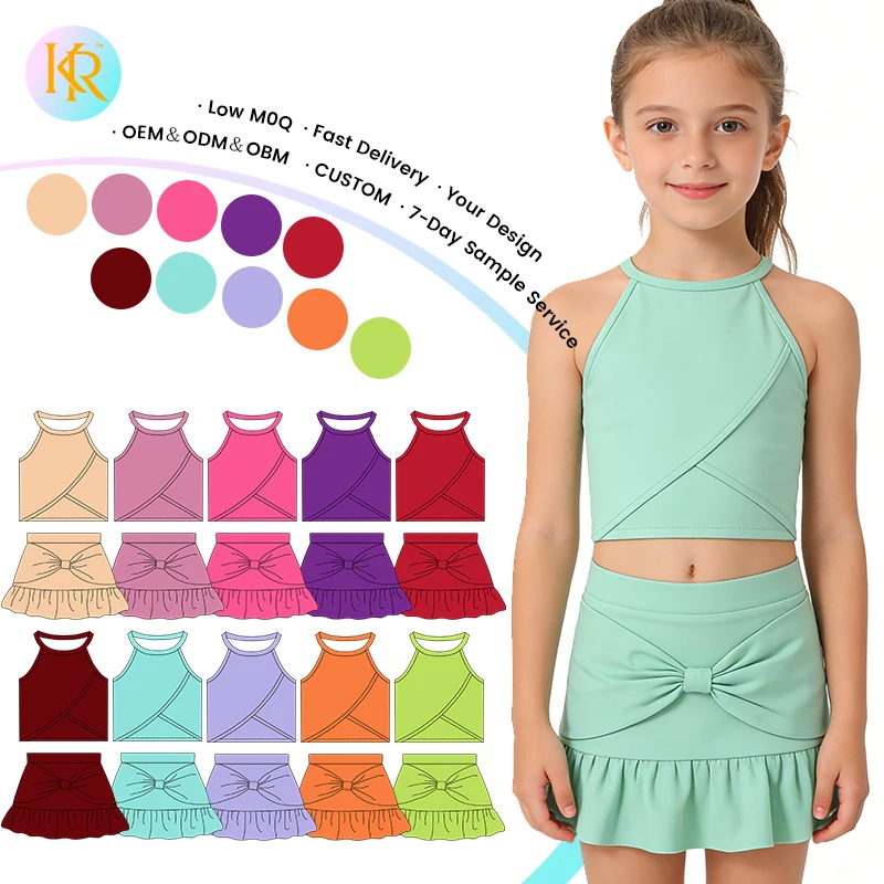 Kerui 2026 Summer Pre-order Girls Sports Solid Color Cute Girls Custom Style Sports Ruffle Design Skirts Set