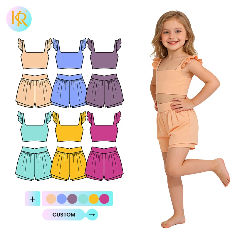 Kerui Active Wear Kids Girls Yoga Crop Set Sleeveless Ruffle Trim Elastic Tank Double Layer Shorts Custom Print Sports Suits