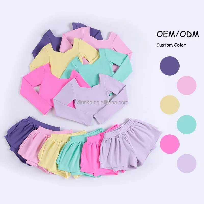 Girls Yoga Set Cross Back Long Sleeve Top With Loose Shorts Kids Workout Outfit Girls Clothing Sets