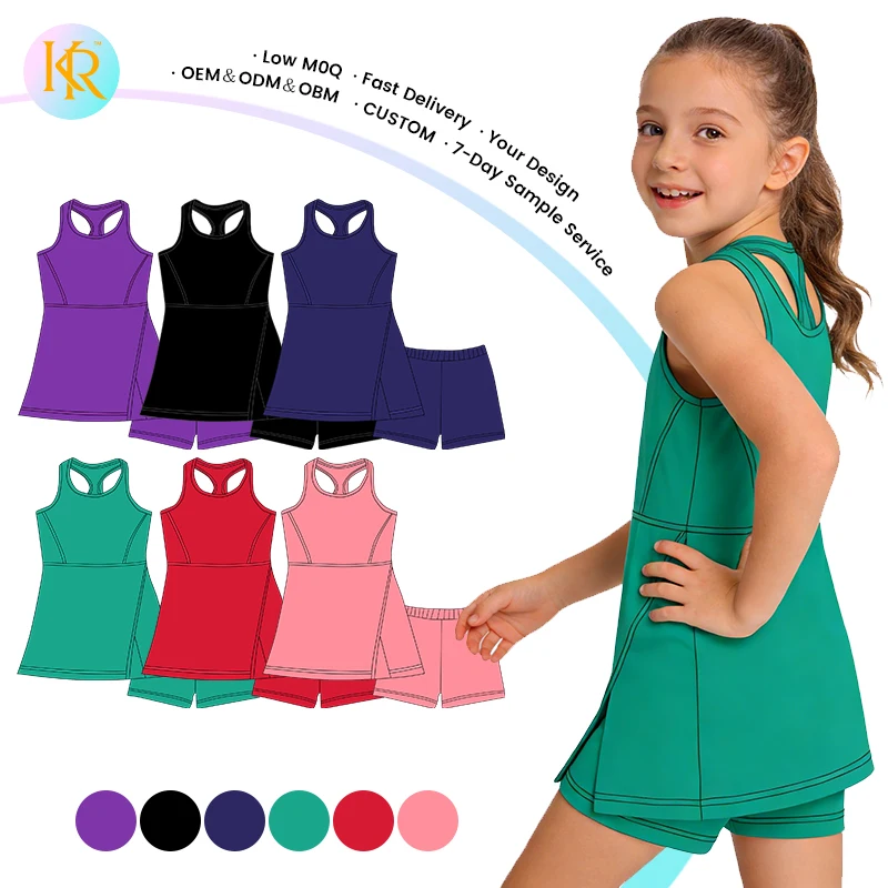 Kerui Girls Sports Custom Logo Girls Casual Solid Color Yoga Dress Quick Dry Running Gym Sports Workout Summer Tennis Dress