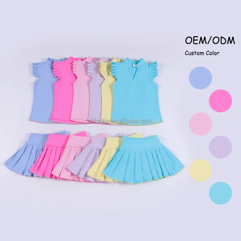 Custom Yoga Set for Girls Sleeveless Top with Wing Shoulders and Pleated Skirt with Embroidery Trim