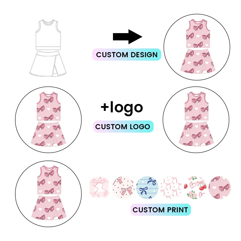 Kerui Girls Sports Yoga Sets RTS High Fashion Clothing Bows Pattern Pink Vest Skirts with Shorts Sets Girl Tennis Clothes - Image 3