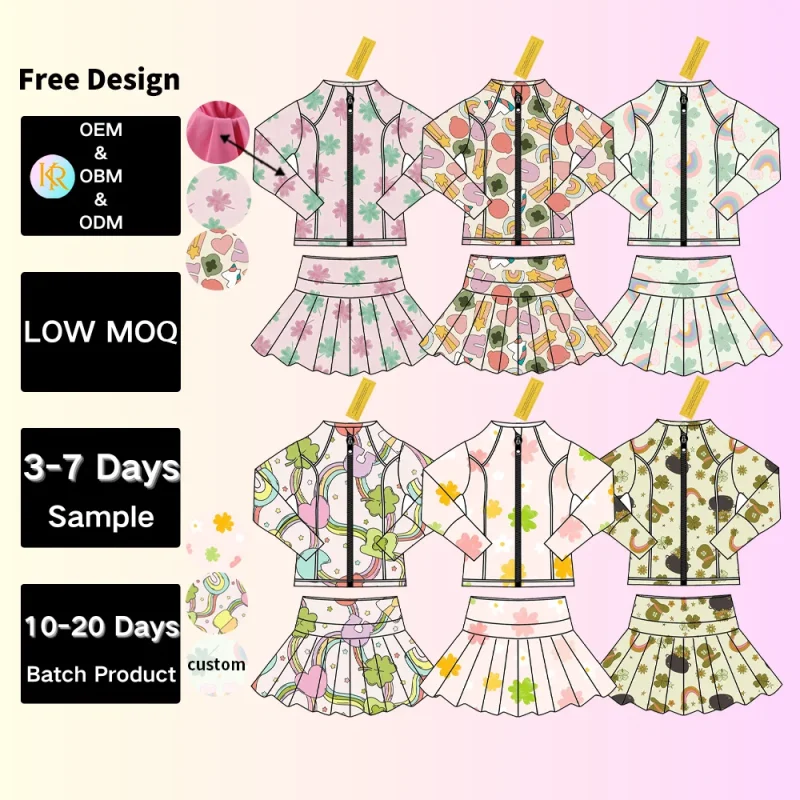 KERUI Active Wear Kids Stand up Collar Jacket Umbrella Skirt Sports Suit Toddler Girl Custom Printed Nylon Sportswear Set