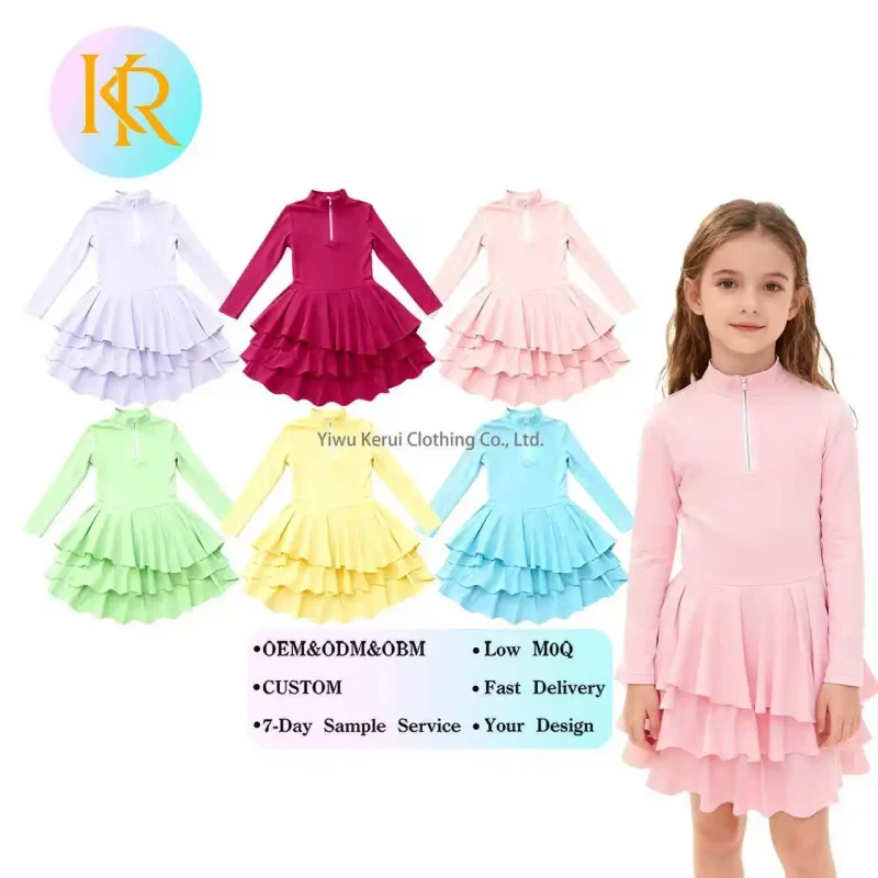 Kerui Custom Children's Summer Dress Casual Long Sleeves Quarter Zipper Yoga Golf Skirt Outfit Baby Girls' Activewear Style
