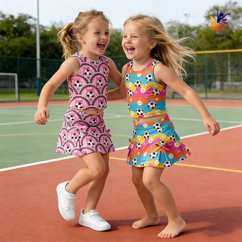 Girls Yoga Set Soccer Print Sleeveless Top Skirt With Built-in Shorts School Small Batch Custom