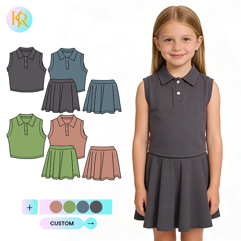 Kerui Girls Sports Summer 2026 Kids Clothing Set Polo Collar T Shirts Yoga Two Piece Outfits Tennis Skort Sets