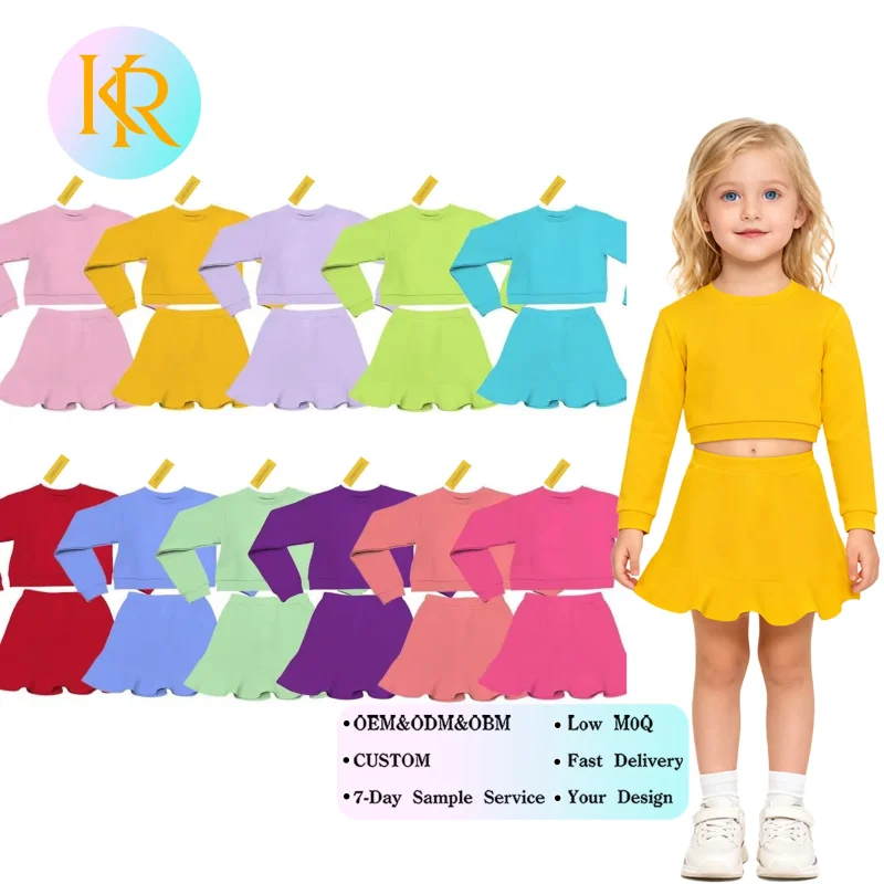 Kerui Customizable Solid Color Breathable Fabric Girls Clothing Set Long Sleeve Crop Top Skirt Yoga Set for Fall Spring