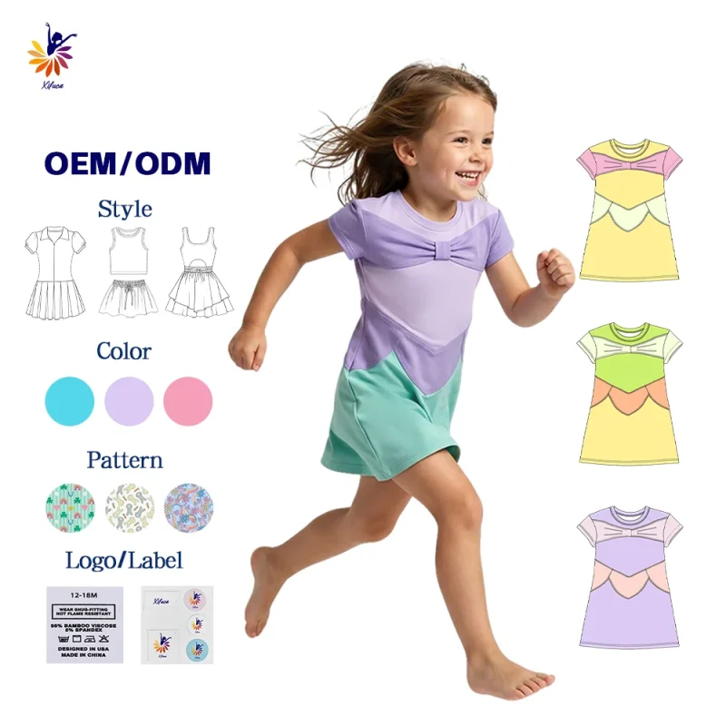 Girls Tennis Yoga Dress Short Sleeve Color Block Built-In Shorts Small Batch Custom Sports Girls Dresses