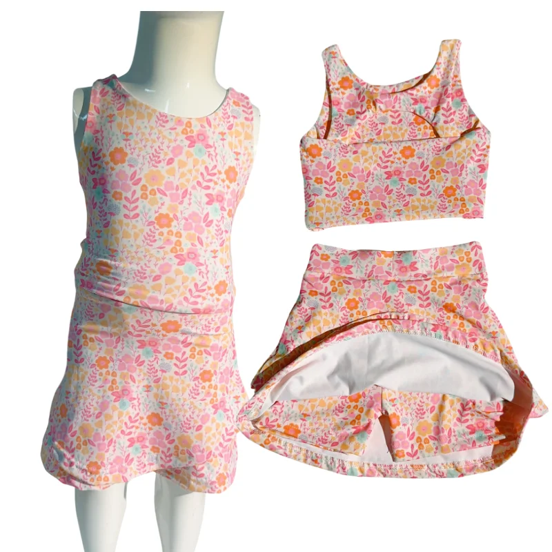 Little Baby Girl Yoga Sets Summer Short Skirt Seamless Solid Color Elastic Nylon Kids Girls Sports Tennis Skirt 2 Piece Set