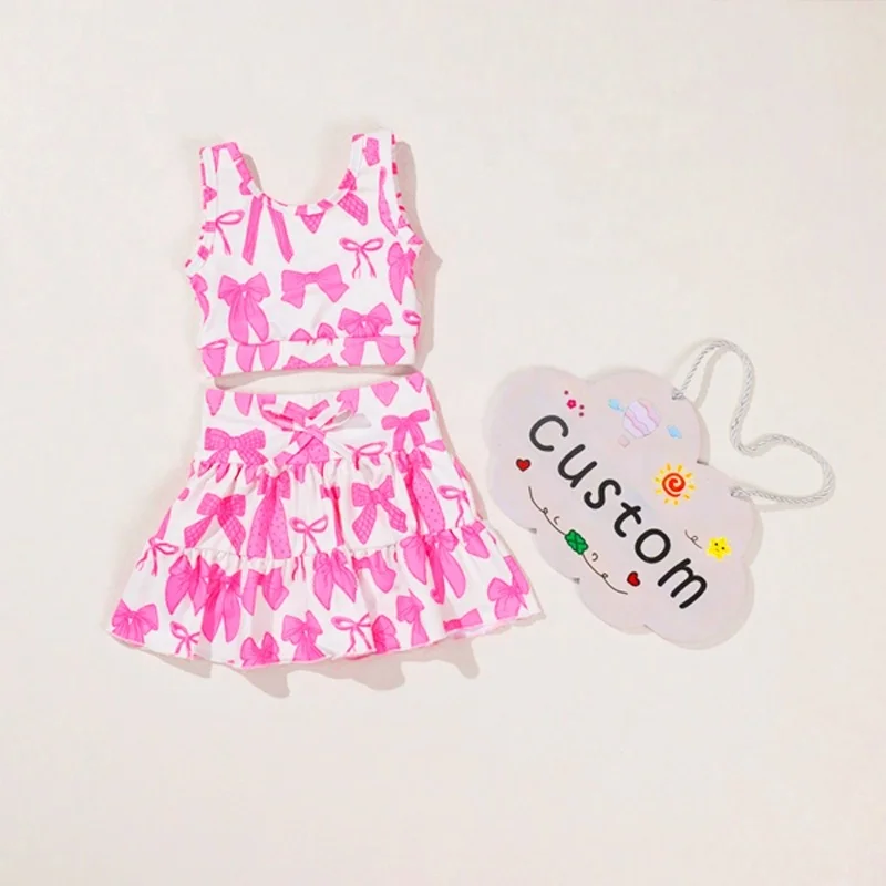 Kerui Girls Summer Sports Set Active Wear Kids Toddler Girls Nylon Fabric Bow Print Ruffle Set Girl Sleeveless Top Skirt Suit - Image 2