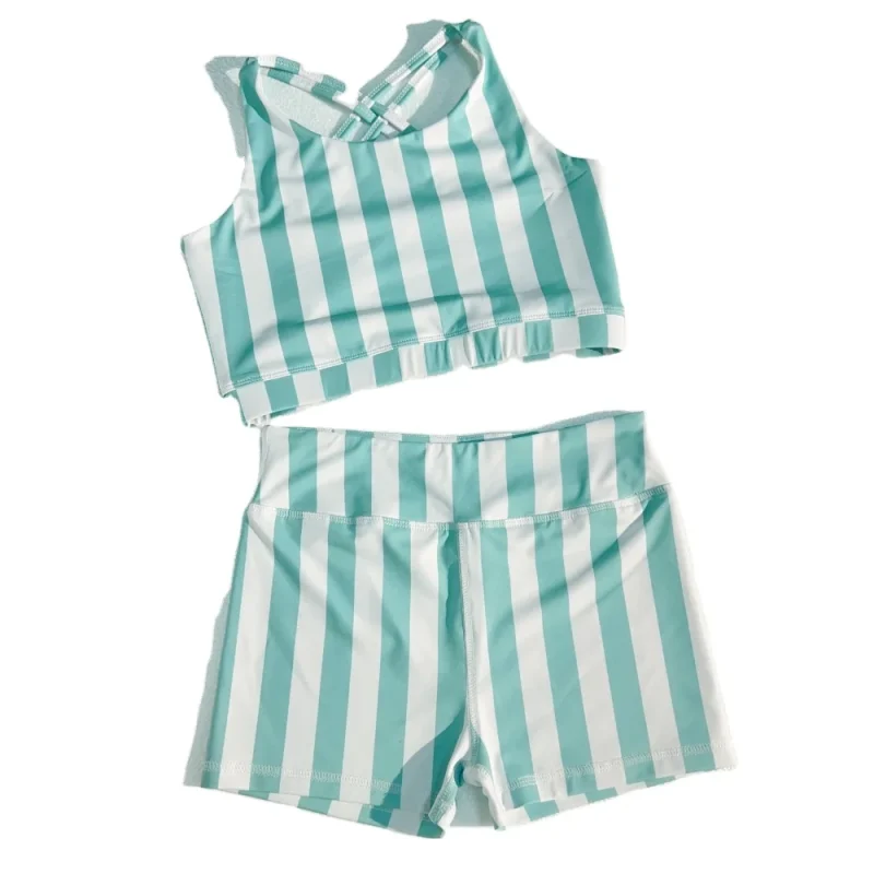 Customized OEM Summer Style Stripes Pattern Print Milk Silk Clothing Set Backless Top Sports Biker Shorts Kids Girls Outfits