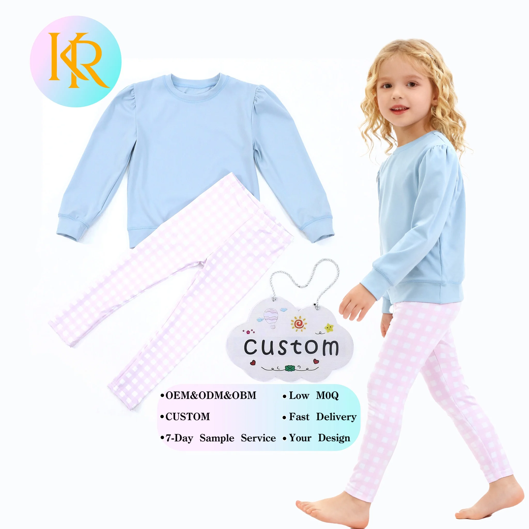 Custom Kids Autumn Winter Tracksuits Sets Yoga Fabric Jogger with Embroidered Sweatshirt Casual Plaid Pattern for Kid Girls