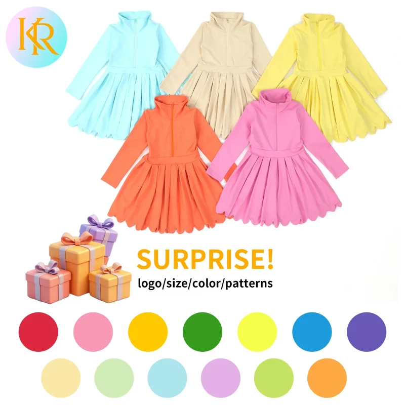 Kerui Girls Sports Surprise Box Solid Color Baby Teen Girls Yoga Dress Quick Dry Long Sleeve Knee-Length Breathable Yoga Dress