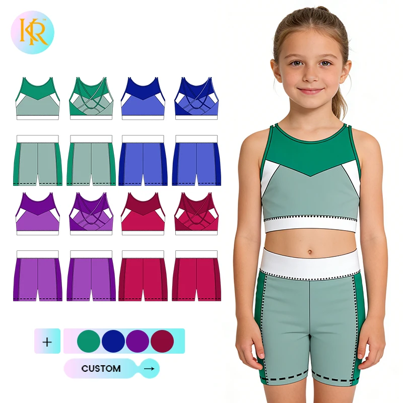 Kerui Children Girls Sports Athletic Wear Clothes Kid Activewear Gym Bra and Fitness Wear Leggings Custom Colors Clothing Set