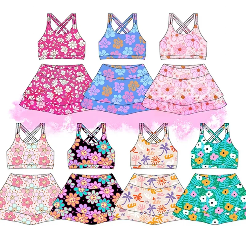 Wholesale Workout Vest Skirts Sets Matching Yoga Skirts 2 Piece Suit Yoga Sports Skirts for Kids