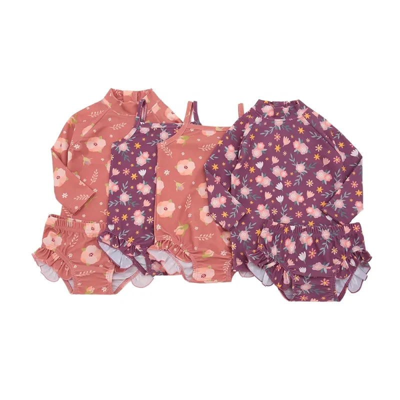 New Style Custom Girls Swimwear 2pcs Long Sleeve Floral Ruffle Bikini Bathing Suit with Geometric Print Quick Dry for Kids