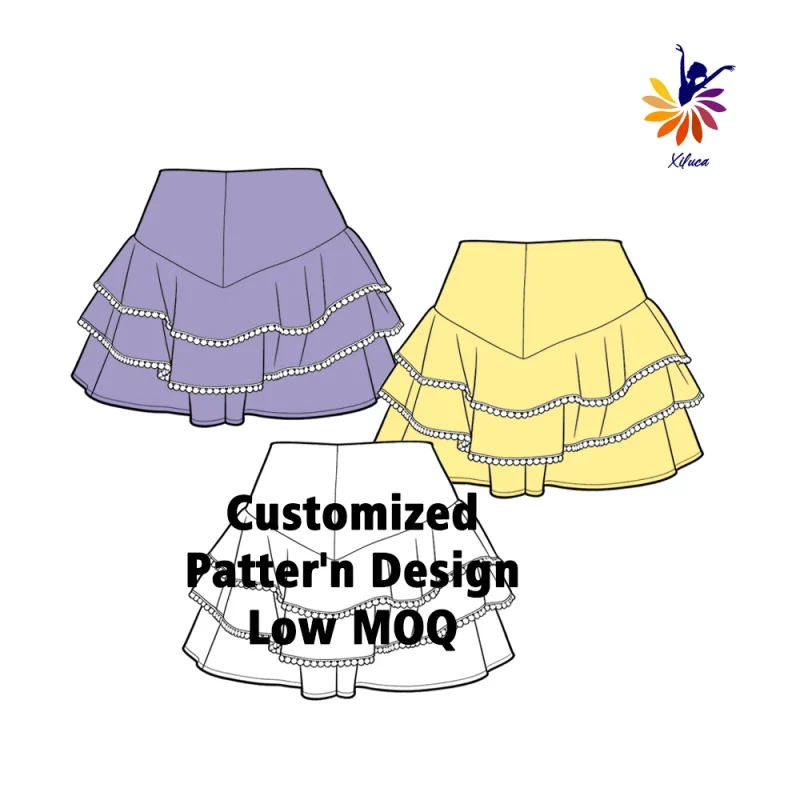 Girls Yoga Skirt Multi Layer Ruffle Hem Lace Trim Built-in Shorts Custom Design