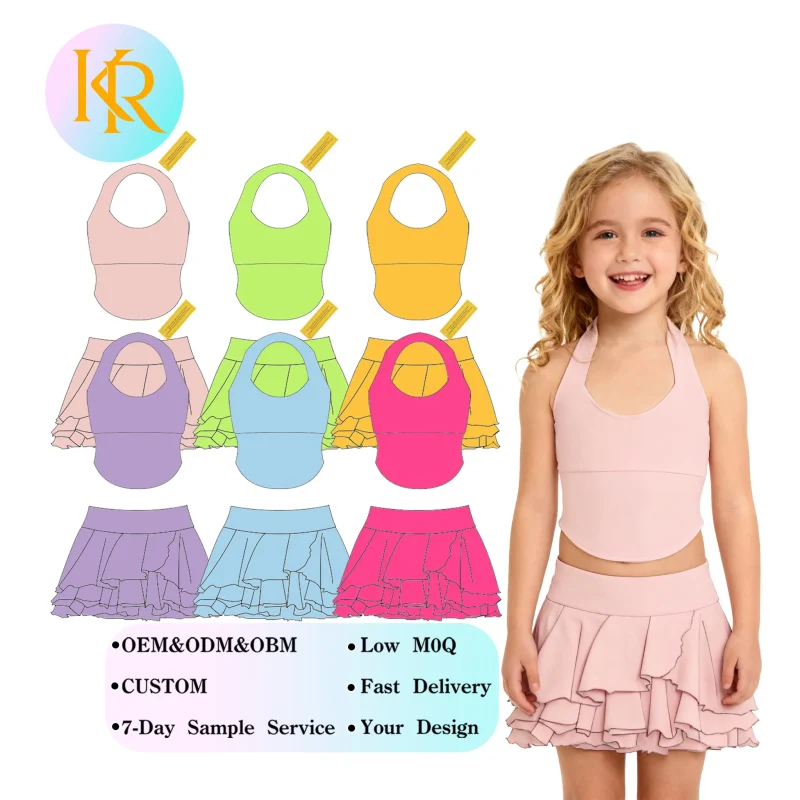 Kerui Wholesale New Innovation Custom Breathable Neck Hanging Girls' Skirt Tennis Dress Kids Active Wear Yoga Set