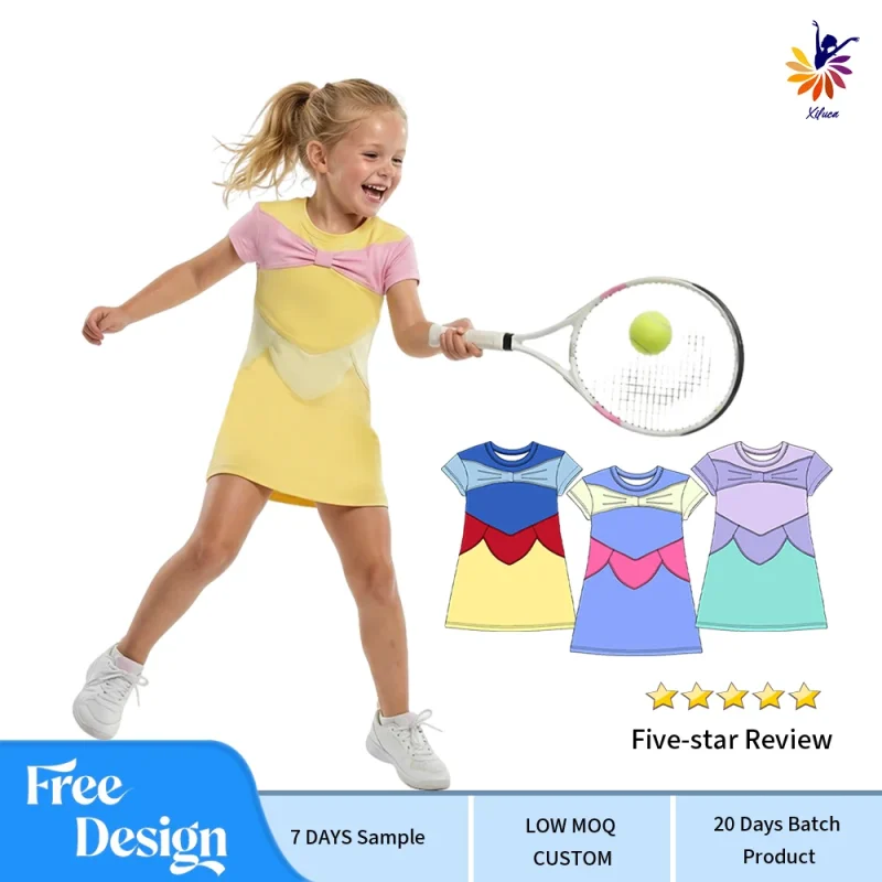 Girl Clothes Sports Dress Short Sleeve Color Block Built-In Shorts Tennis Style Small Batch Custom