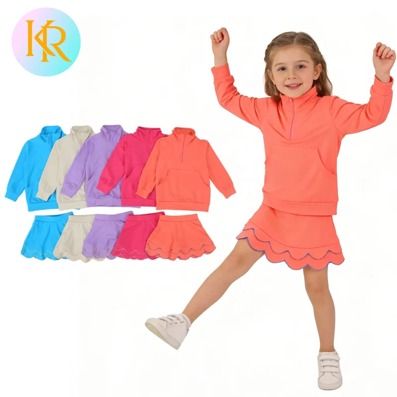 Kerui Girls Athletic Wear Half Zip Pocket Jacket Scallop Tennis Skirt Set Girls Contrast Color and Embroidery Trim Design Sets