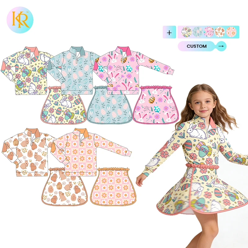 Kerui Girls Sports Elastic Custom Kids Fitness 1/4 Zipper Wear-resistant Elbow Pad Top Pleated Skirt Running Sets