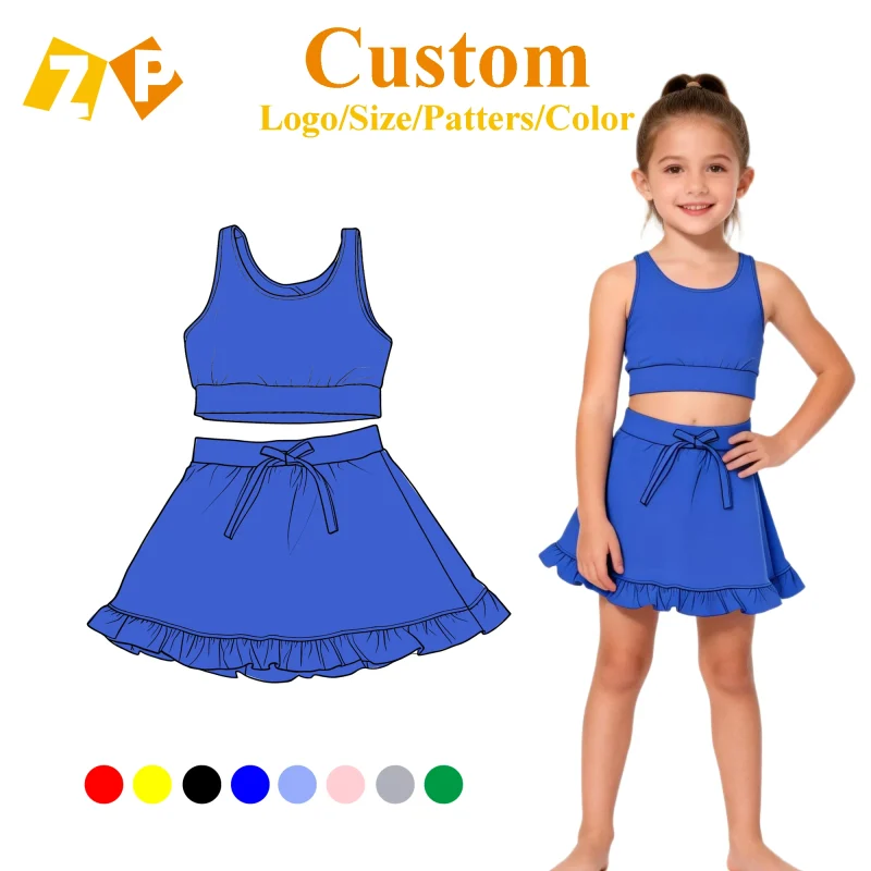 Zhengpai Girls Sweet Sporty Yoga Set Sleeveless Cropped Top Bow Detail Skirt Built-in Shorts Active Sports